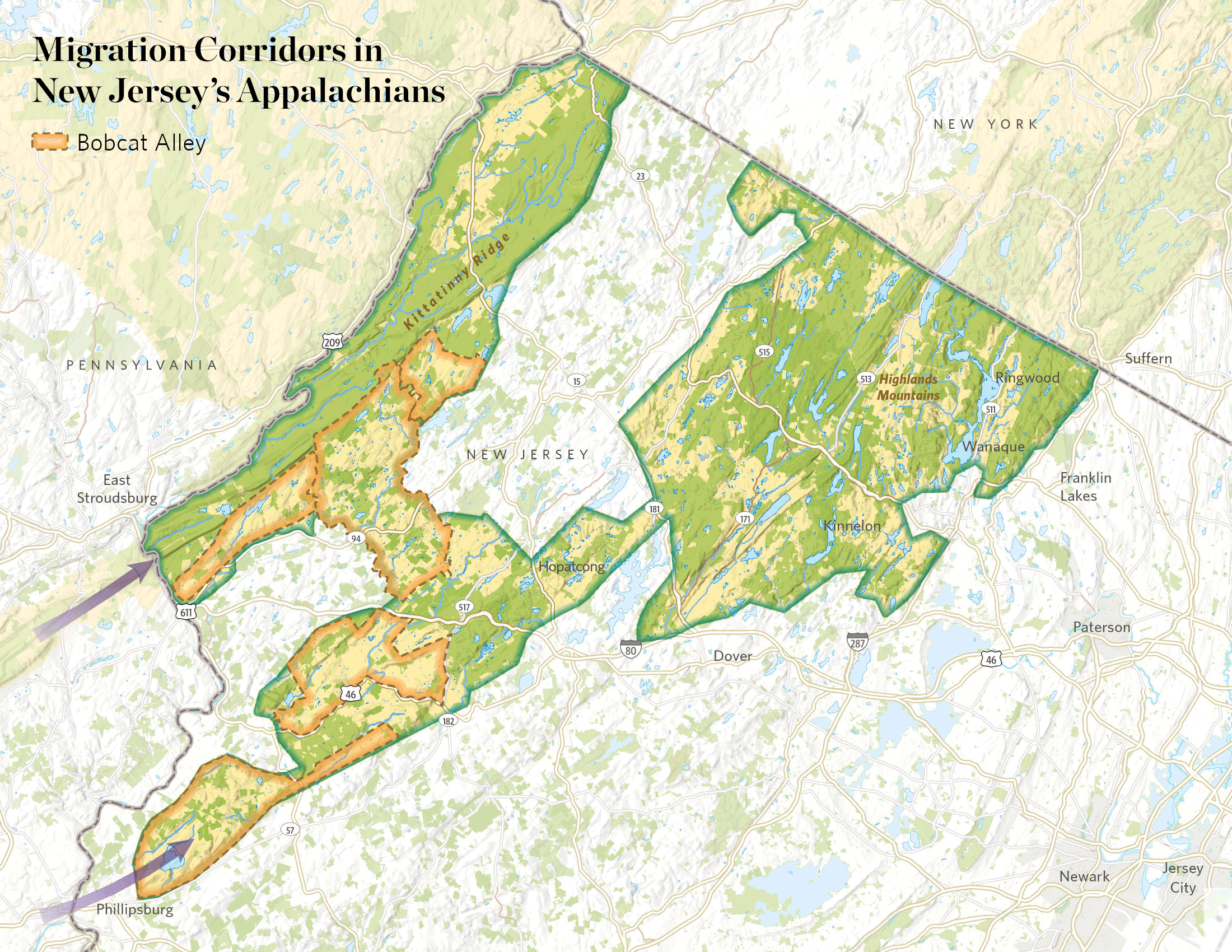 An animated gif shows migration routes in New Jersey's Appalachians. 