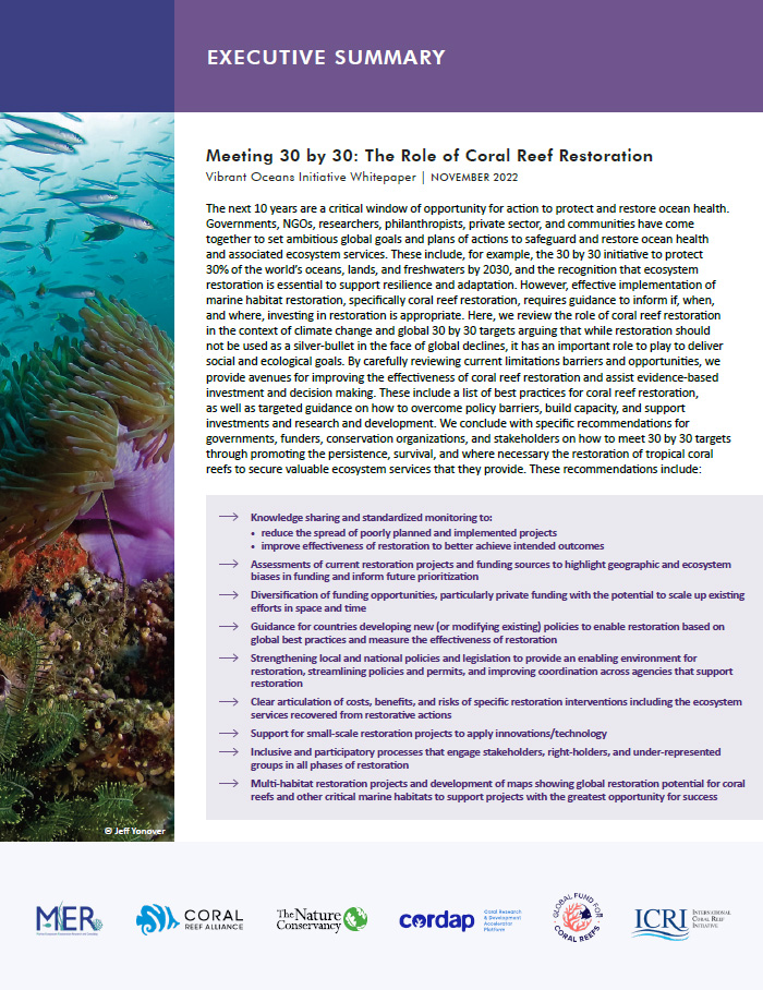 Cover of 30x30 Coral Reef Restoration White Paper.