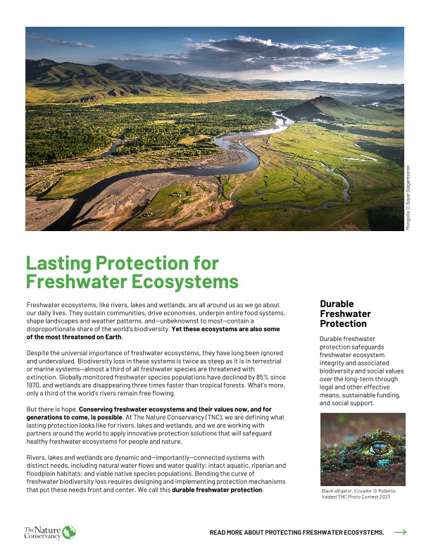 Four-page fact sheet about creating lasting protection for freshwater ecosystems