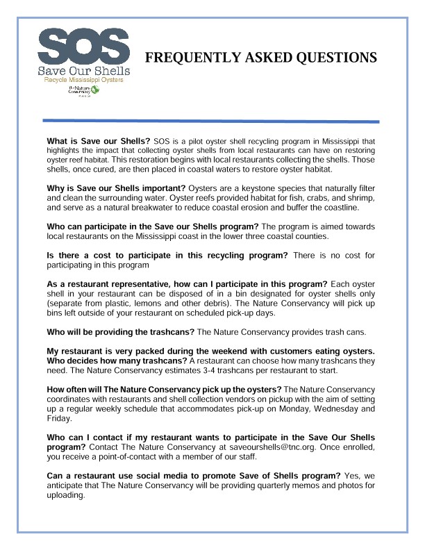 The Nature Conservancy answers questions that participating Save Our Shells restaurants might have when they join the program.