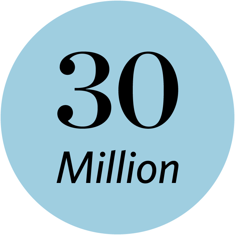 A blue circle with the words 30 million in black text in the center.