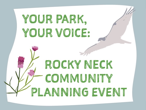 Promotional flyer for the Rocky Neck Community Planning Event, featuring the text "Your Park, Your Voice:" along with an illustration of a flying bird and flowers.