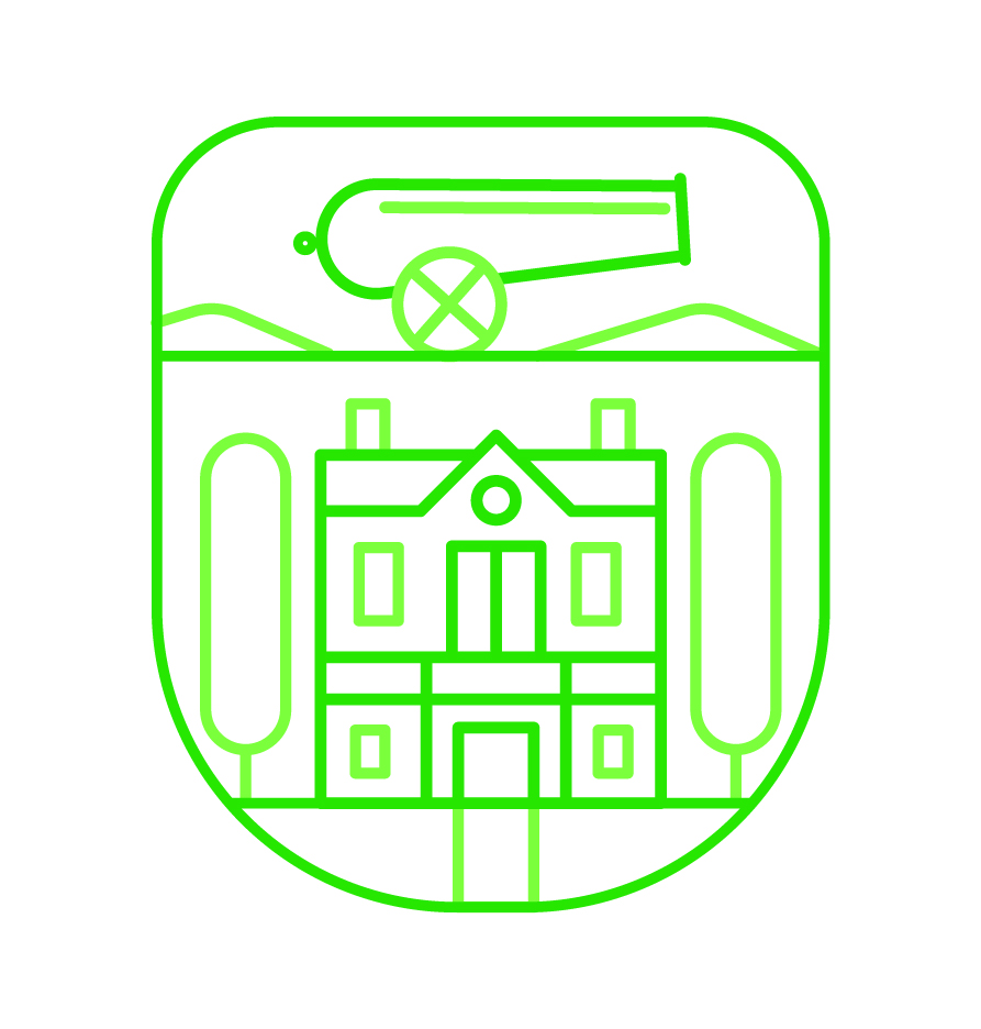 an illustration of park badge with a cannon and a house