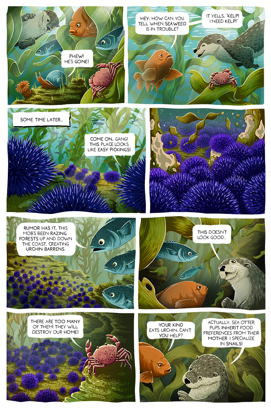 A comic tells the story of purple sea urchins taking over a kelp forest.