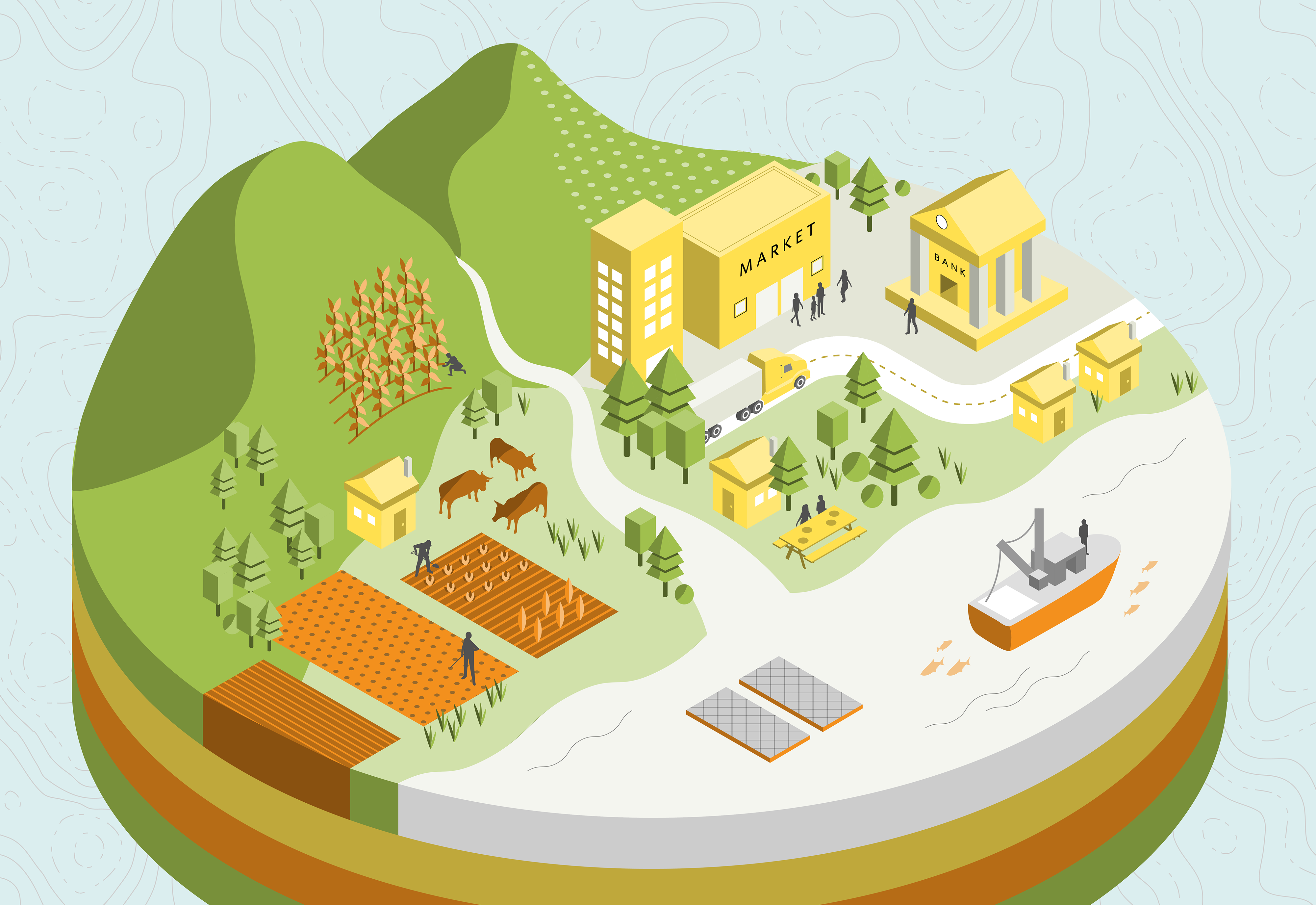 una vista en perspectiva isométrica de un paisaje con colinas, una granja, un río, un océano y una ciudad con gente, un merc