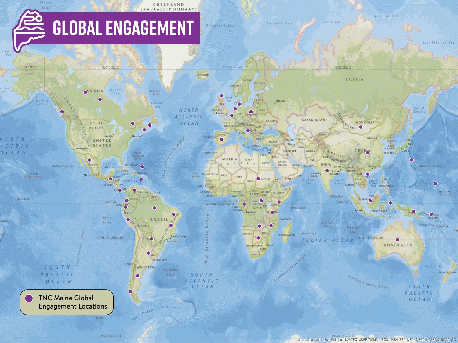 Global map highlighting four project areas.