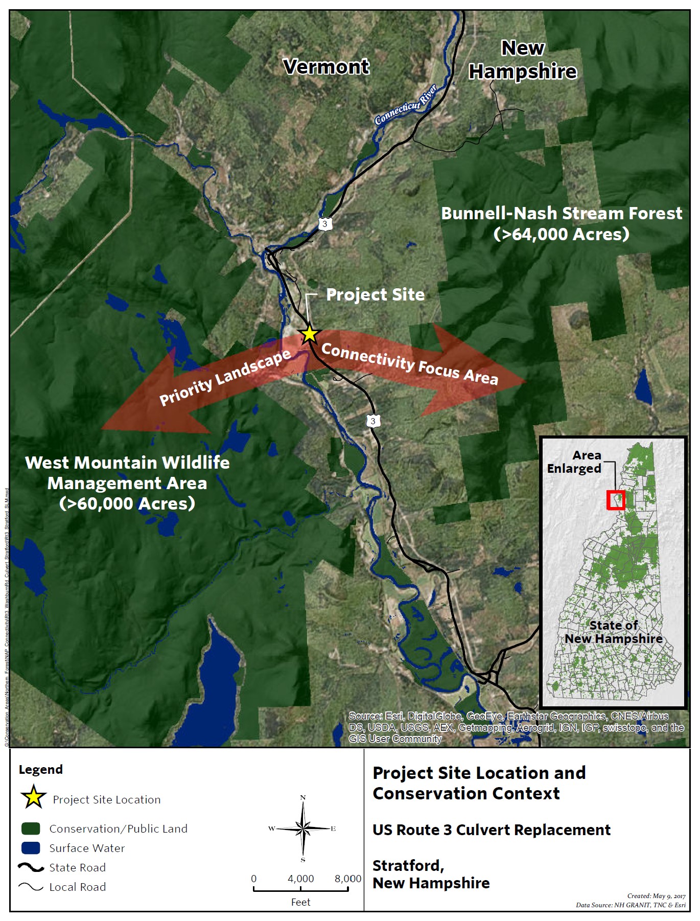 A map showing Otterway project site connecting major conservation areas across the Connecticut River valley.