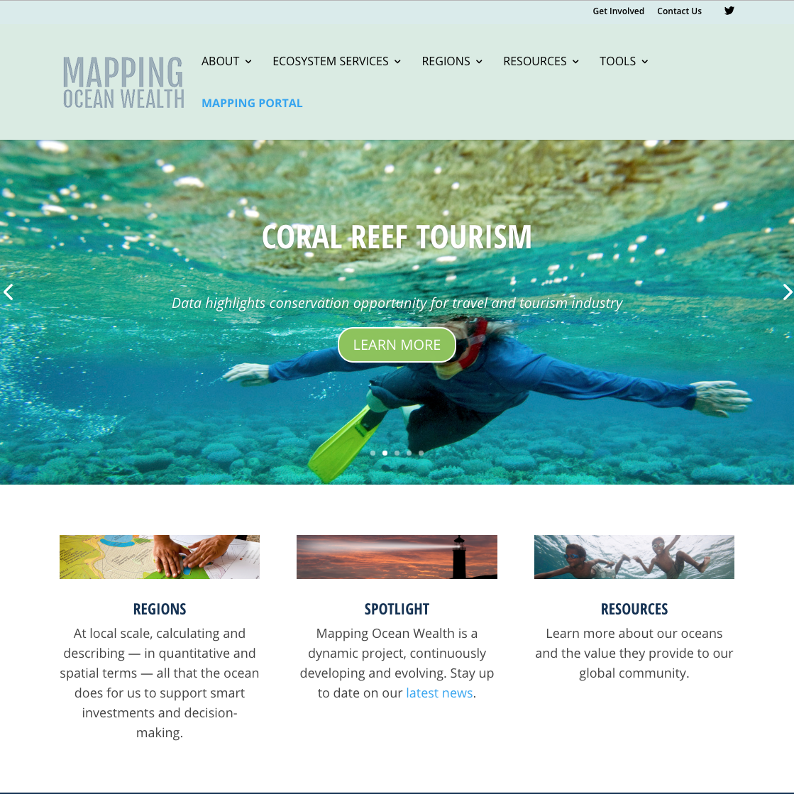Screen grab of the landing page for the Mapping Ocean Wealth website.