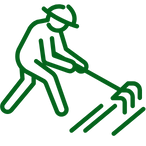 A green icon of a burn crew worker using a fire rake. 