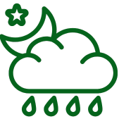 A green icon of a cloud with raindrops falling from it and a crescent moon and star peeking out from behind. 