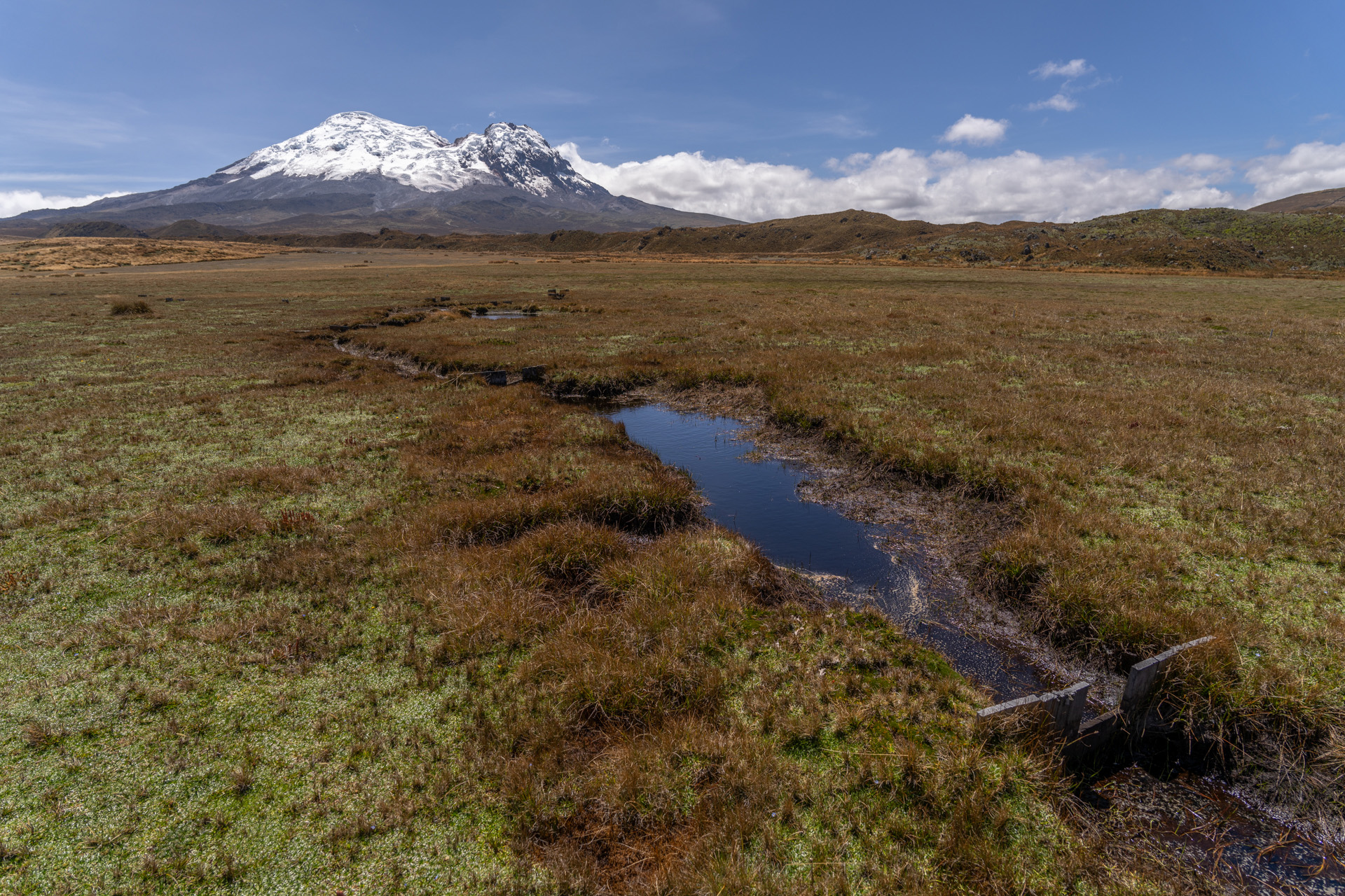 Vista de cuentas y montaña con nieve en la punta, area de Conservación de Paluguillo, Quito, Ecuador.