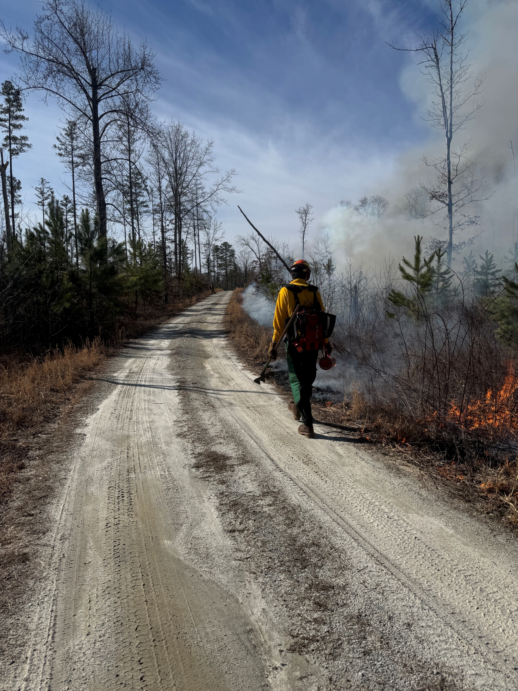 TNC burn crew member setting fire with a drip torch.