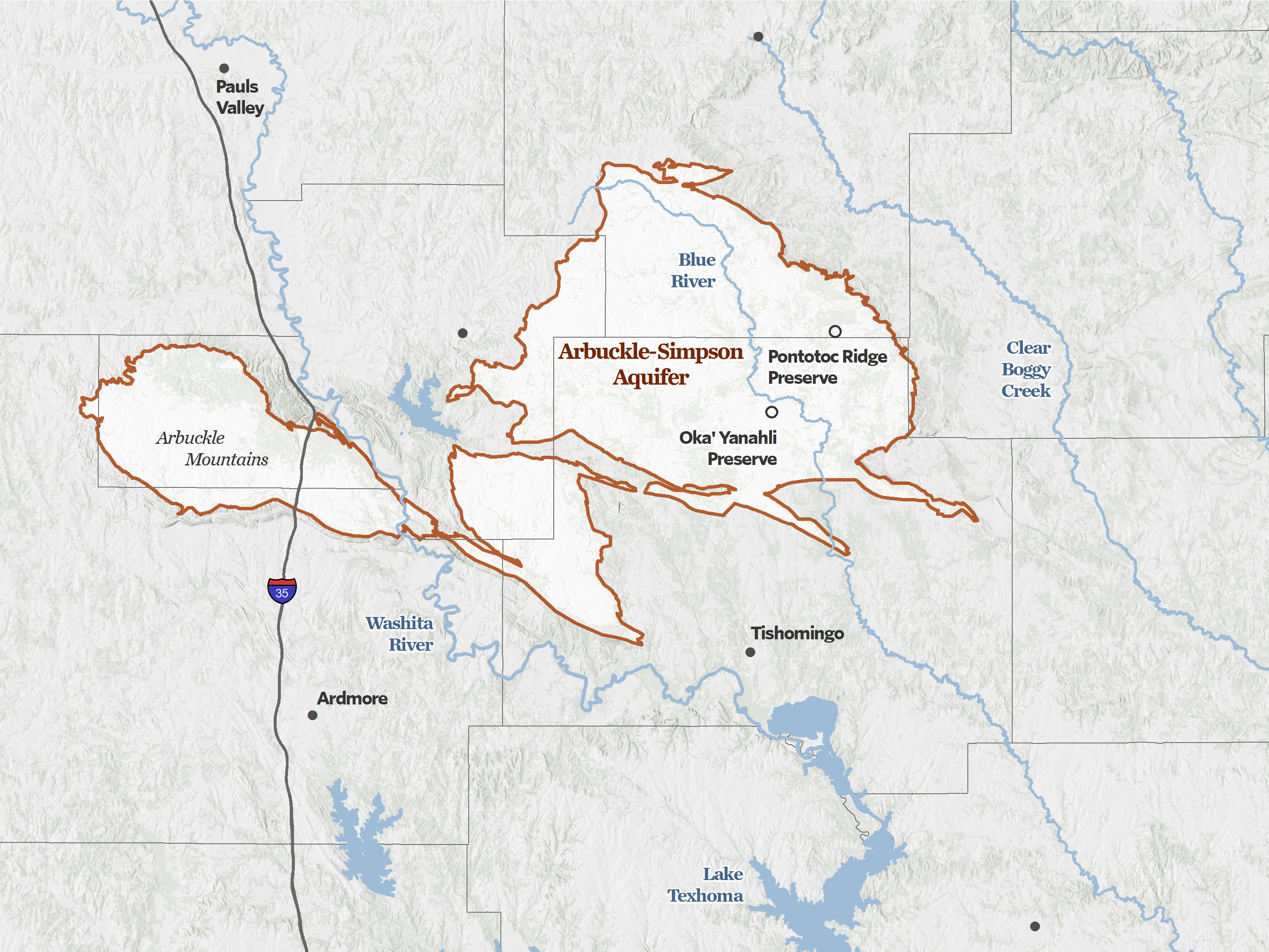 Map that shows the Arbuckle-Simpson Aquifer and surrounding cities