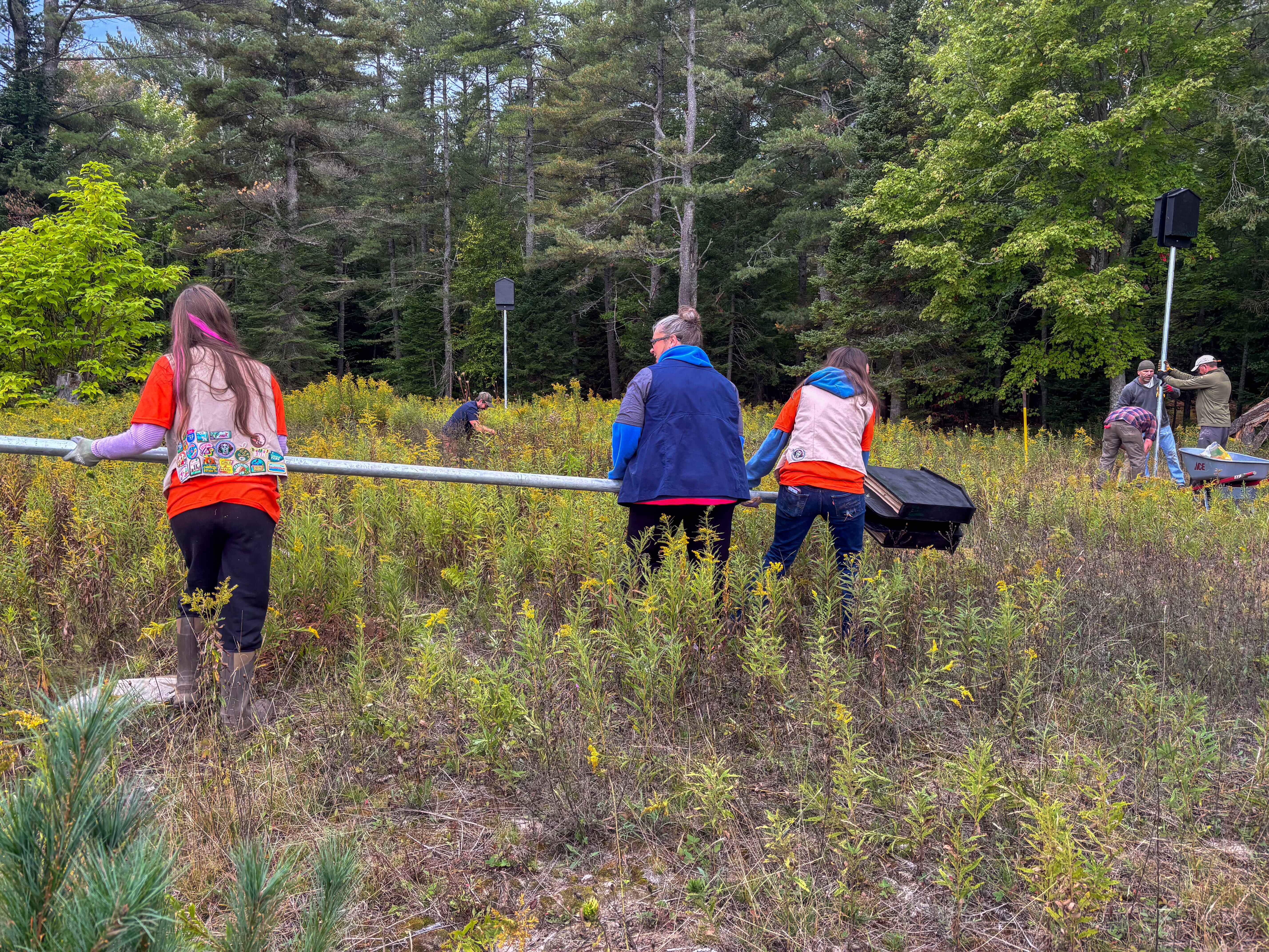 Group of volunteers participating in a bat habitat enhancement project, in a field with trees in the background.