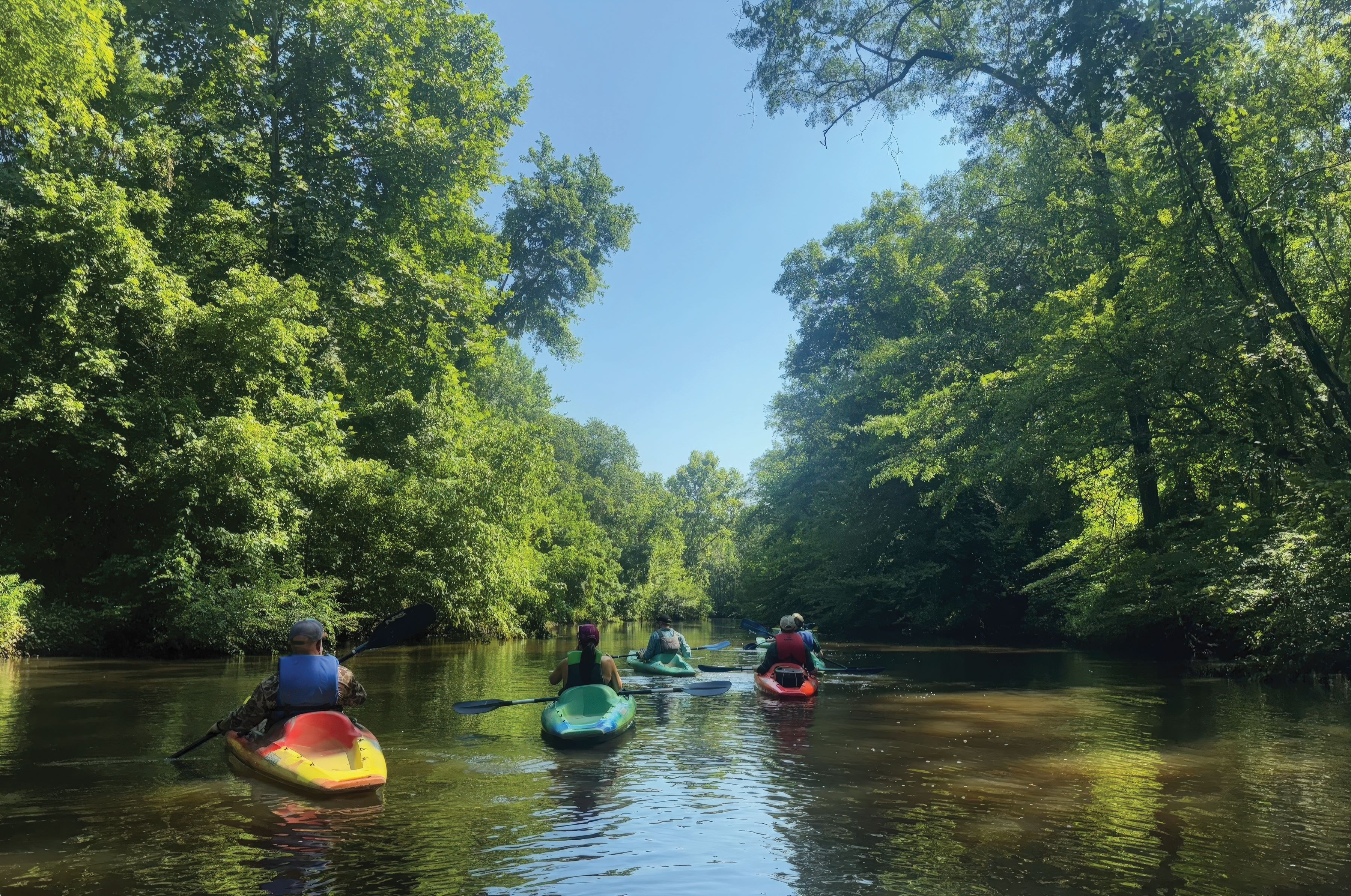 A group of kayakers paddle a tree-lined river.