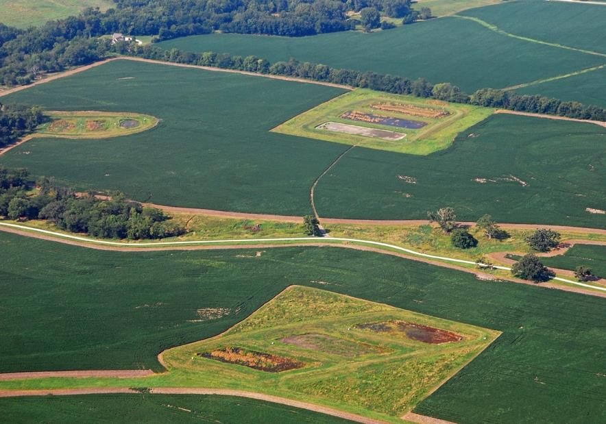 An aerial photo of the Franklin Farm's three constructed tile wetlands.
