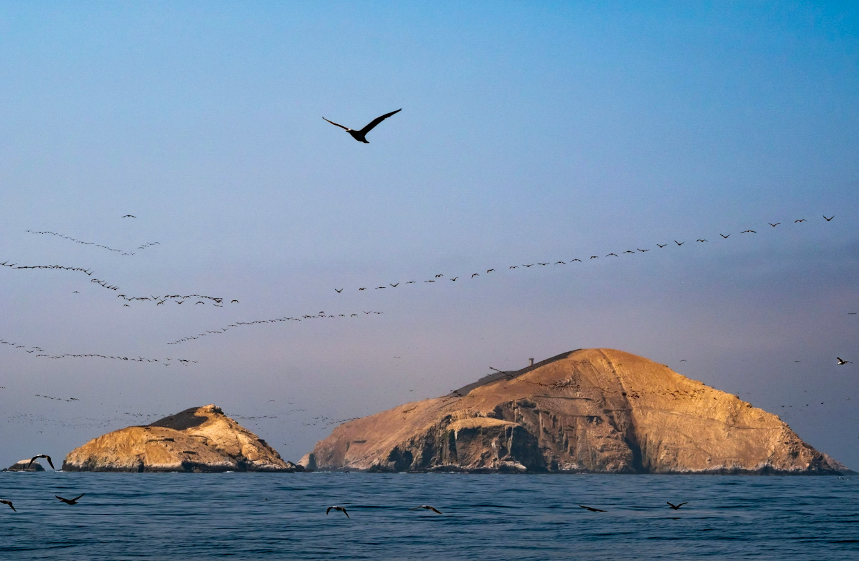 Vista de ave en el cielo sobre dos montañas rocosas rodeadas por el mar.