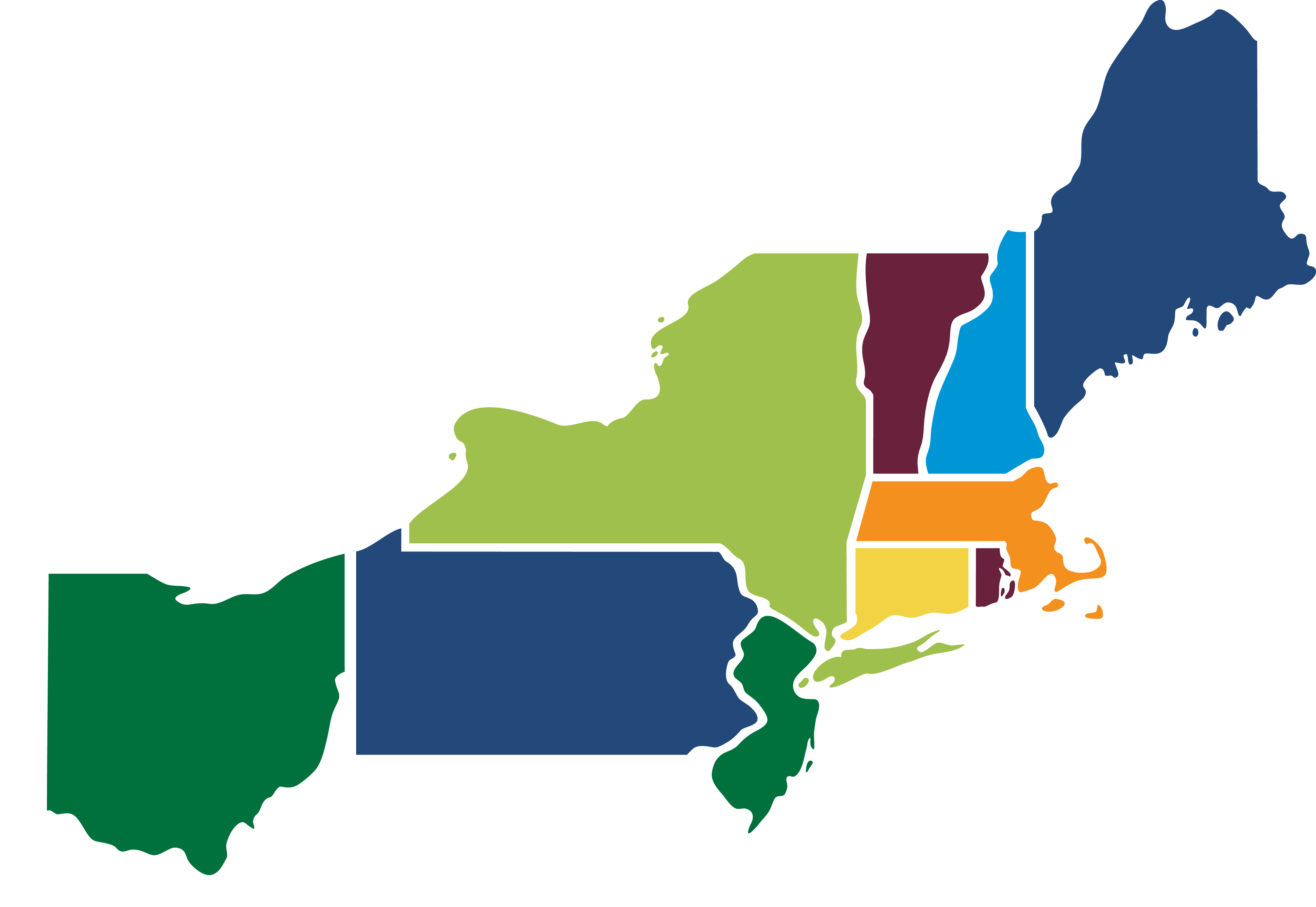 A colored graphic showing a map of the northeastern United States with Ohio in the west and Maine in the northeast.
