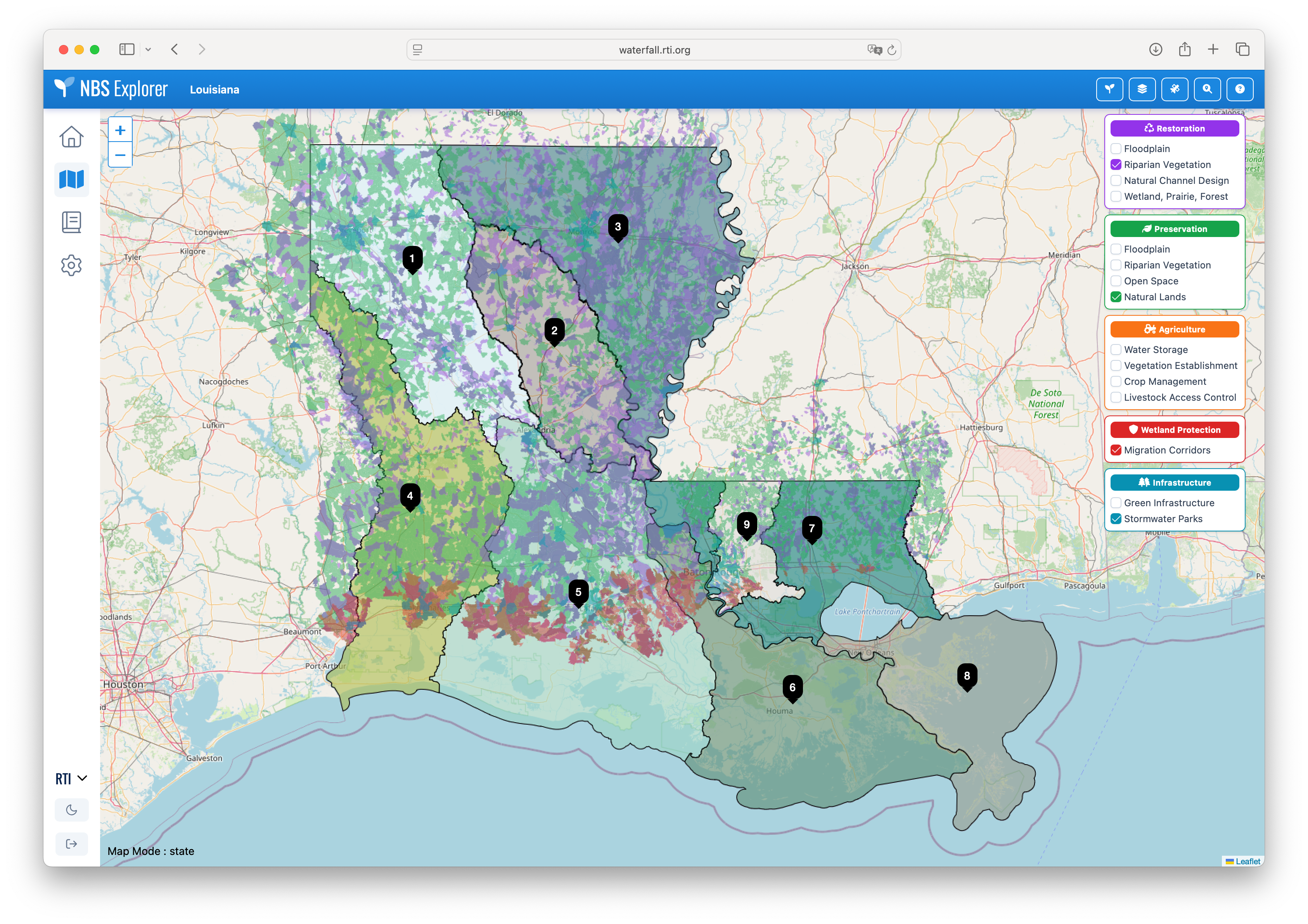 A map has black circles placed strategically to highlight flood mitigation work. 