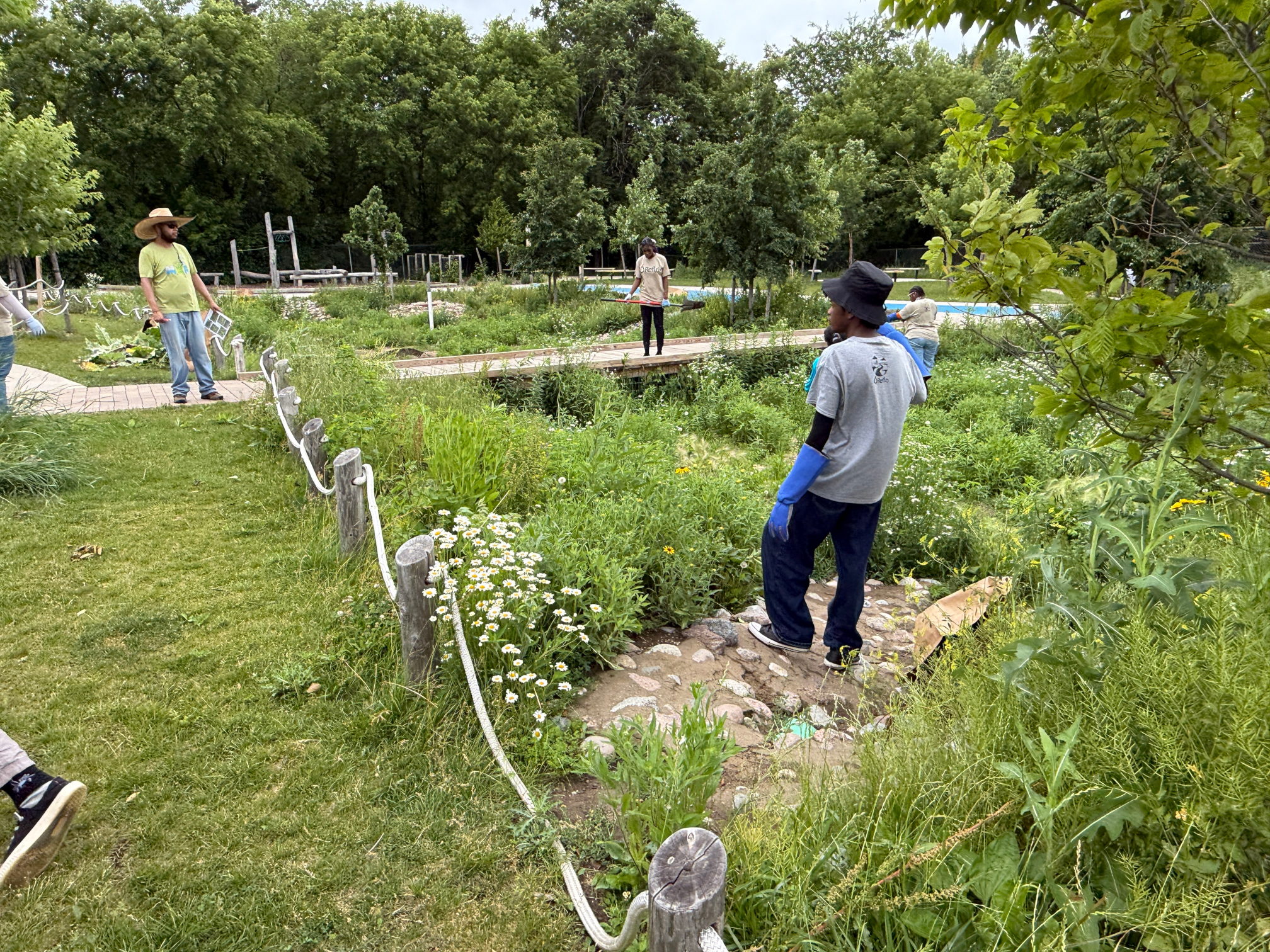 A group of four people talk as they work on different parts of a green space. 