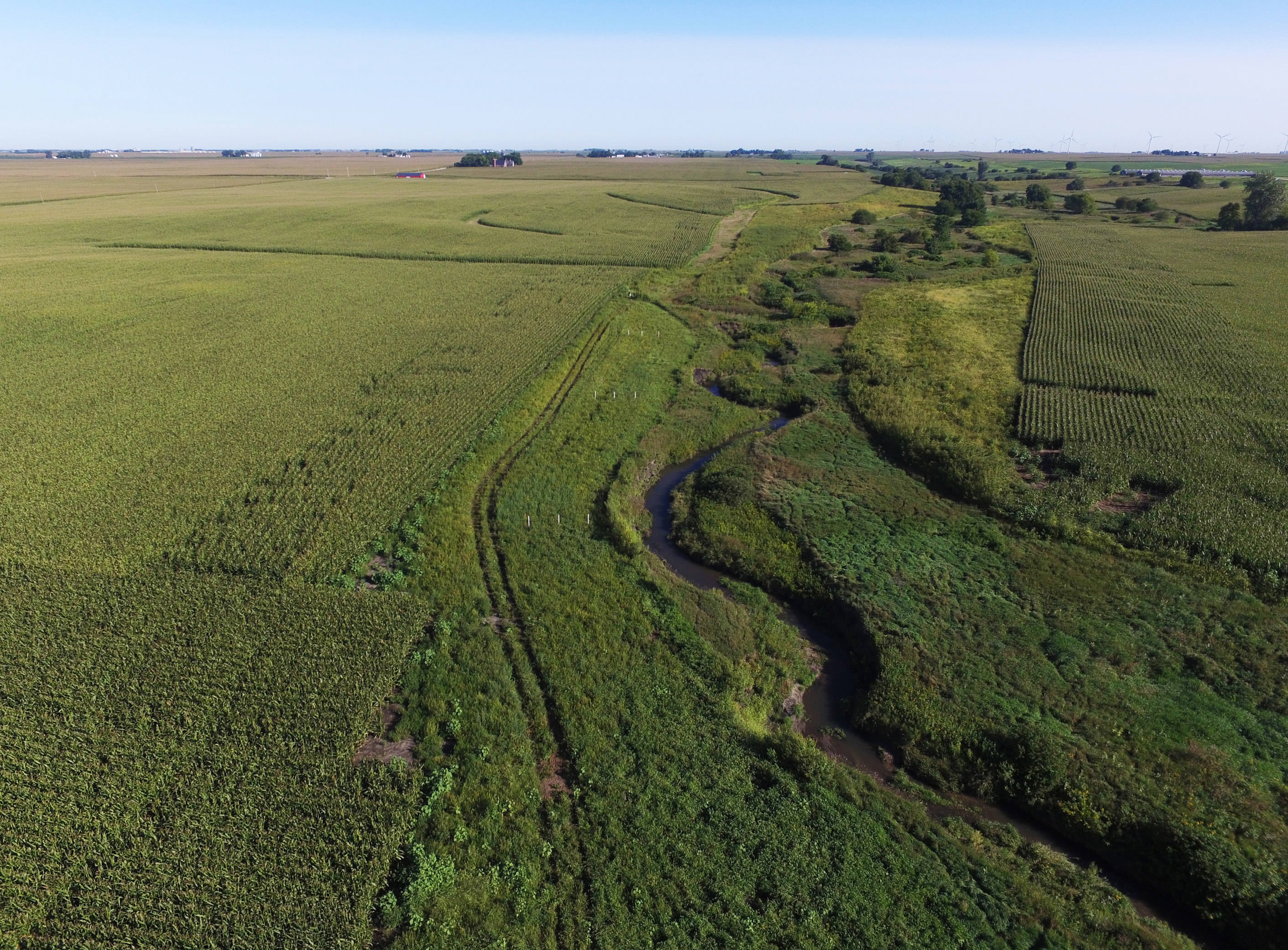 Aerial shot of a grassy area along a creek.