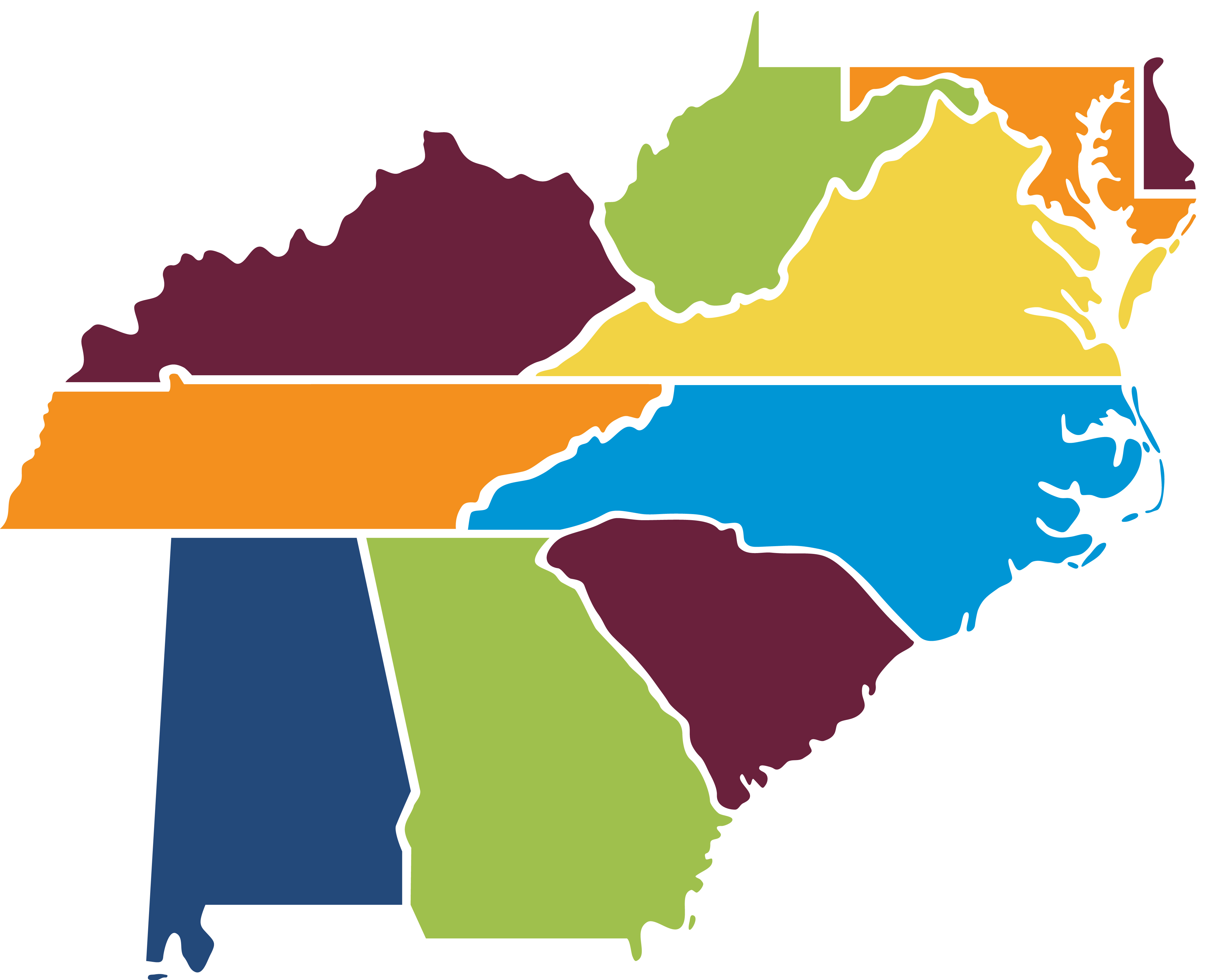A colored graphic showing a map of the southeastern United States from Maryland to Georgia and Alabama.