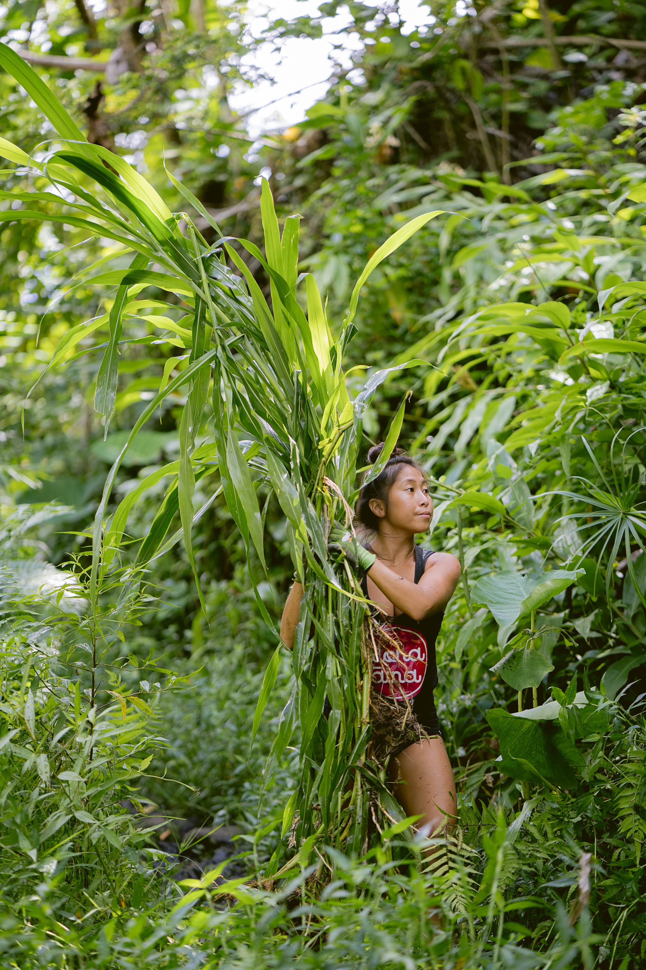 A woman carries branches at a community workday.
