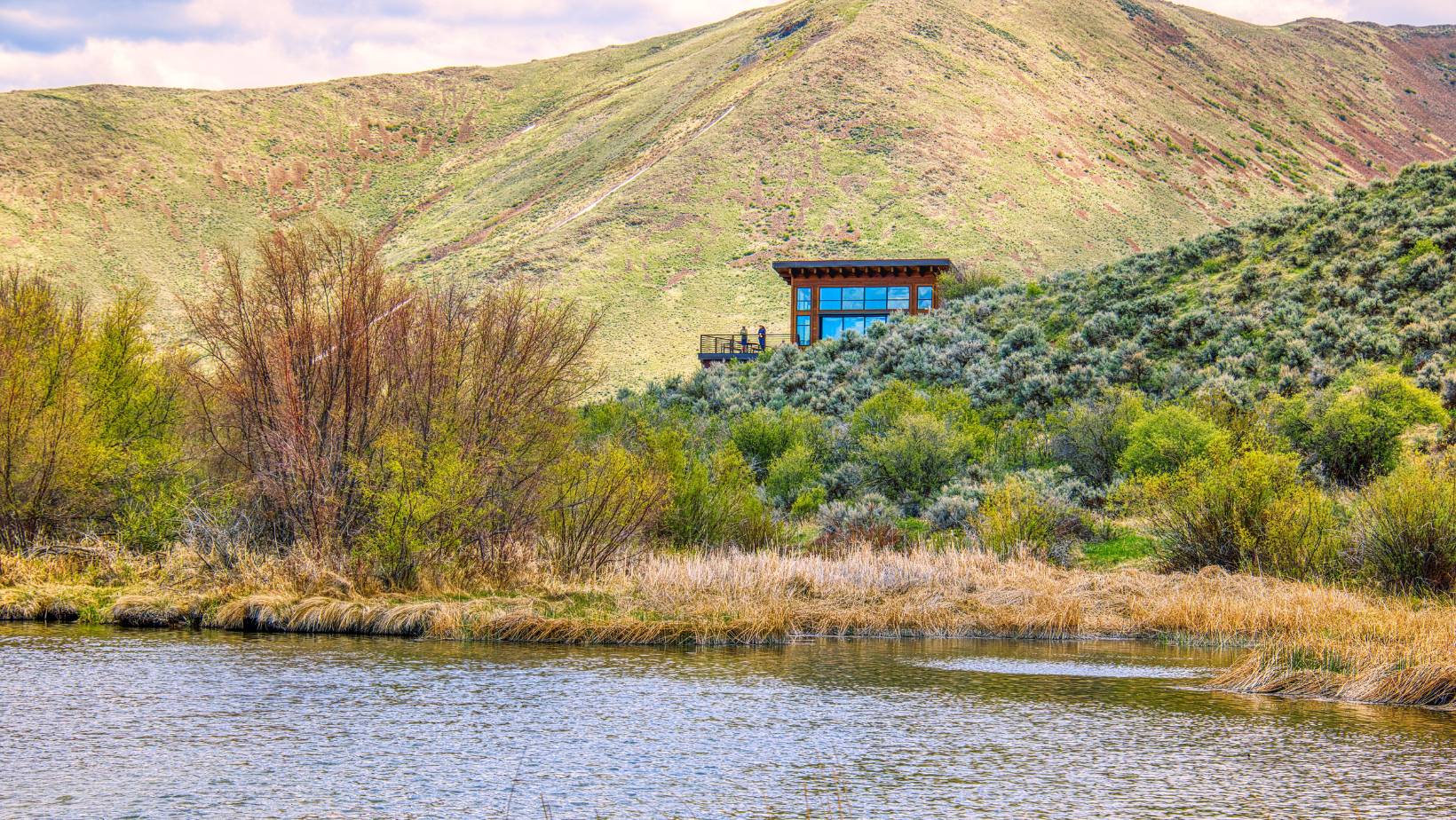 Silver Creek Preserve with creek in foreground and green hills in background.
