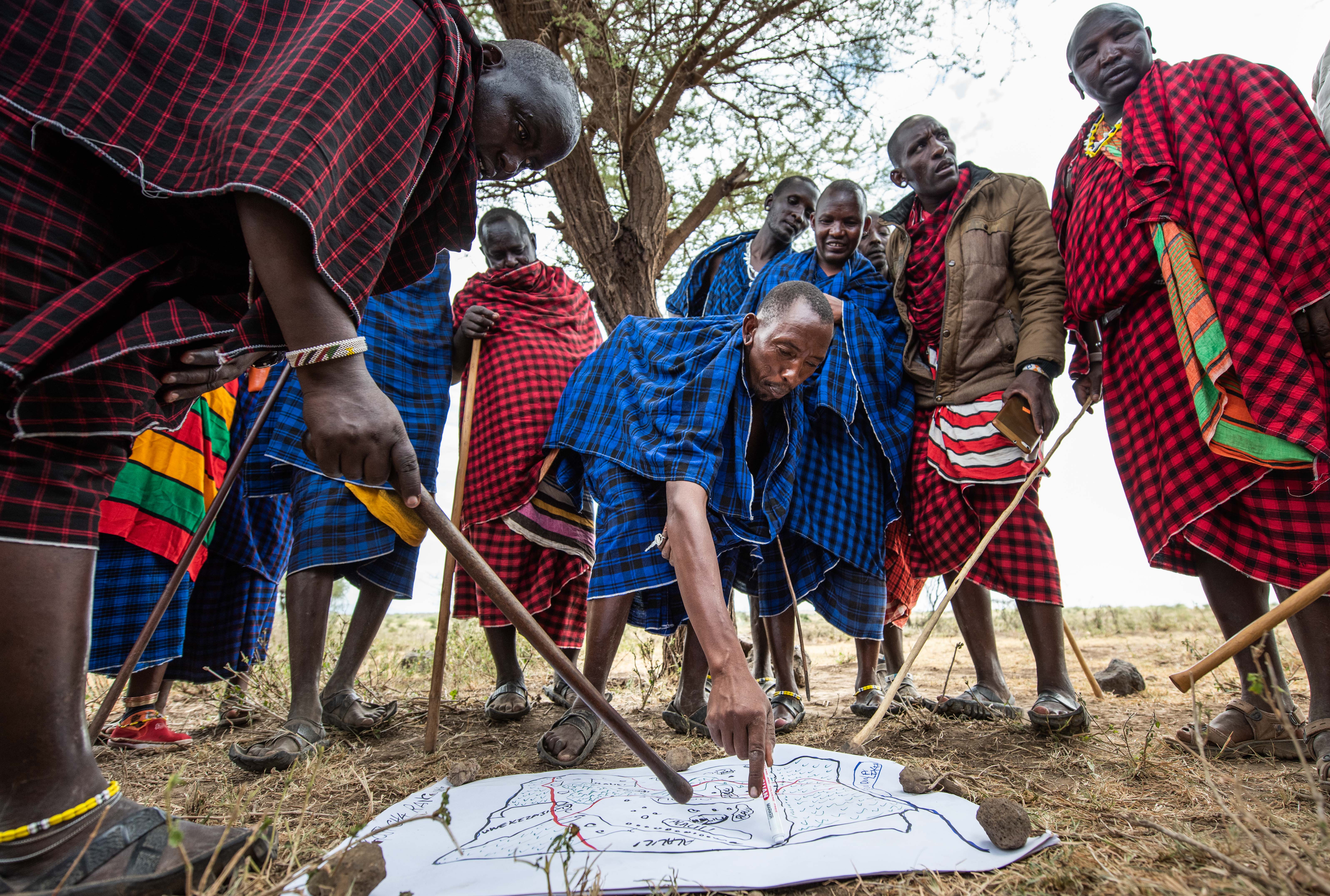 Several Maasai herders gather and point to a map on the ground.