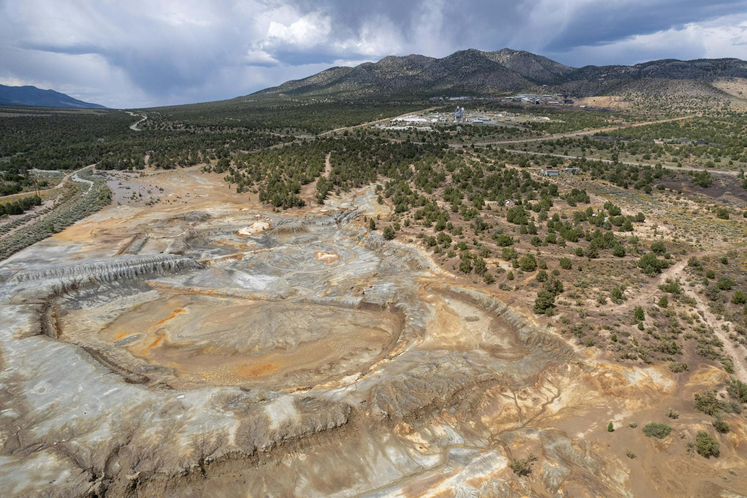 An aerial view of a wash with toxic tailings from the Caselton Mine in Lincoln County near Pioche, Nevada on June 29, 2023. Caselton is a brownfield site proposed to be used for solar.