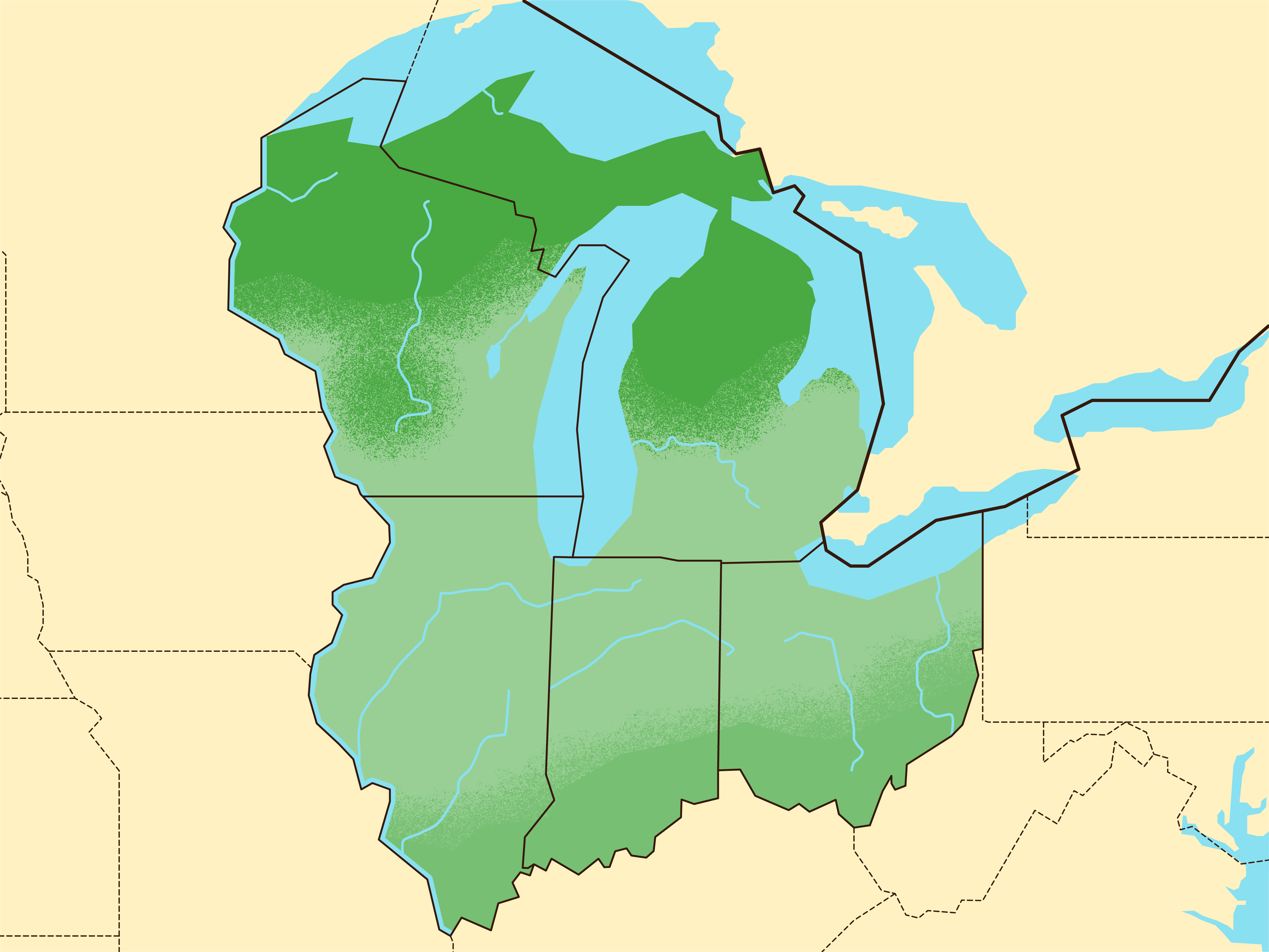 A map showing five Midwestern states in green: Illinois, Indiana, Ohio, Michigan, and Wisconsin.