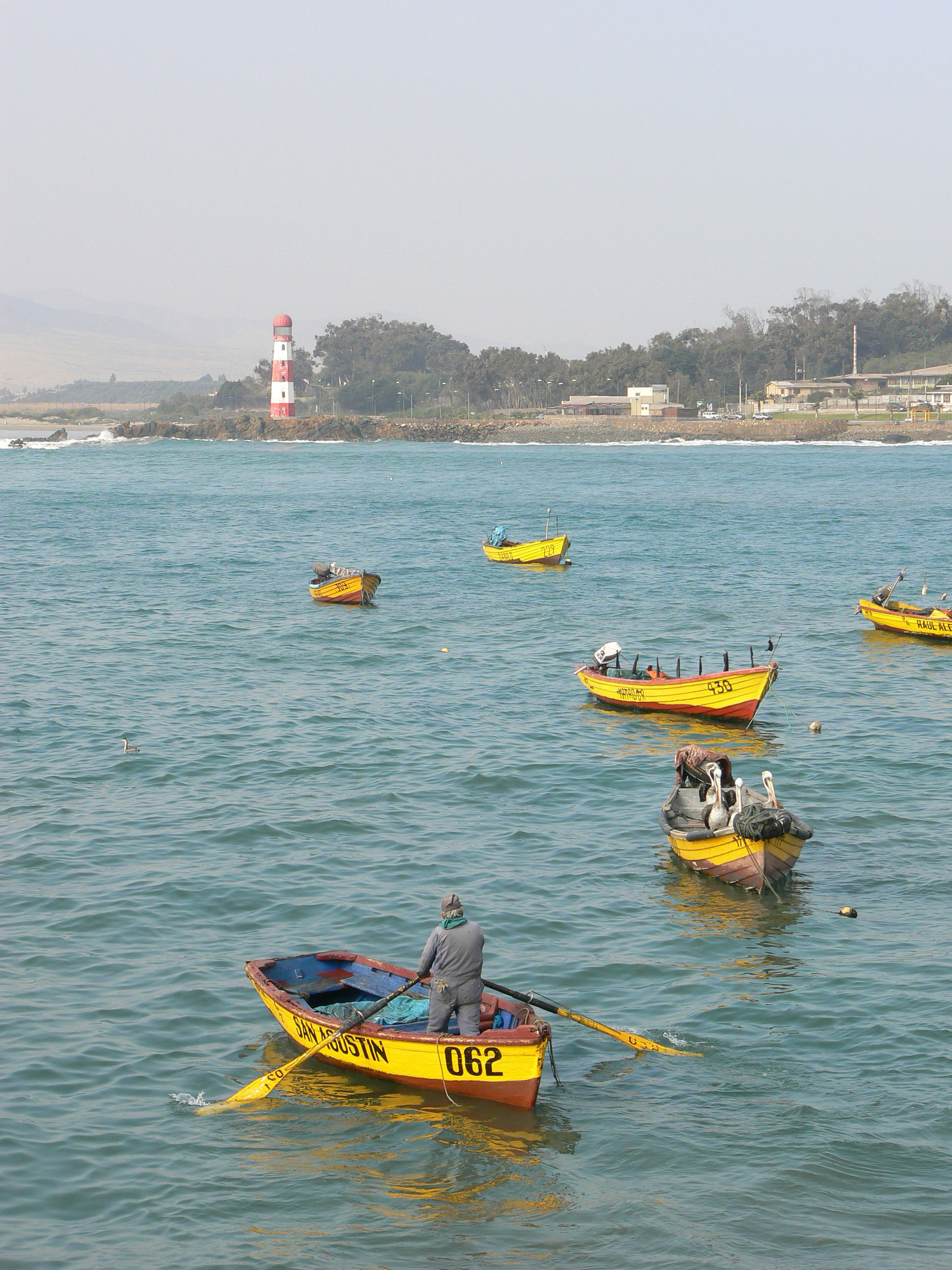 Small fishing boats sit on open ocean.