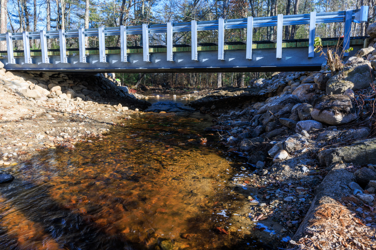 A bridge spans a stream.
