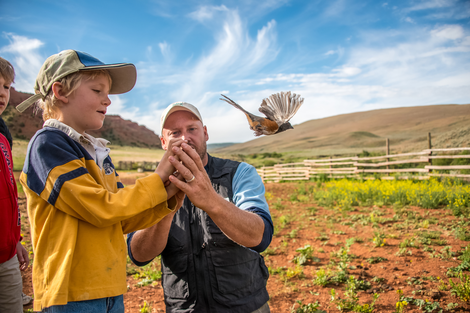 Youngster in yellow coat and ballcap holds up bird.
